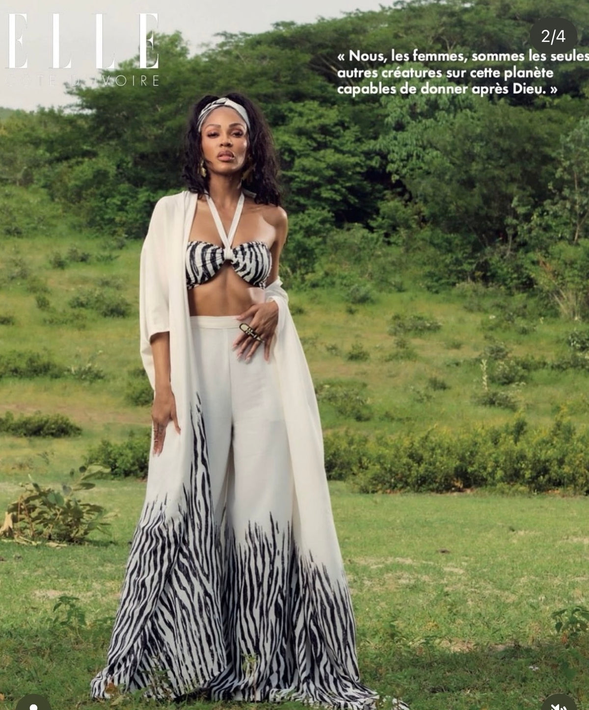 Woman wearing a black-and-white Sama four-piece pant set outdoors, featured on an ELLE Côte d’Ivoire cover.
